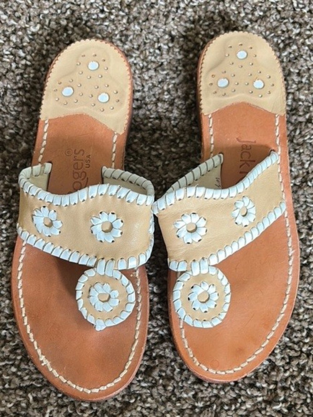 Jack Rogers Beige Tan Stitched Accent Leather Sandals Flip Flops US 8M